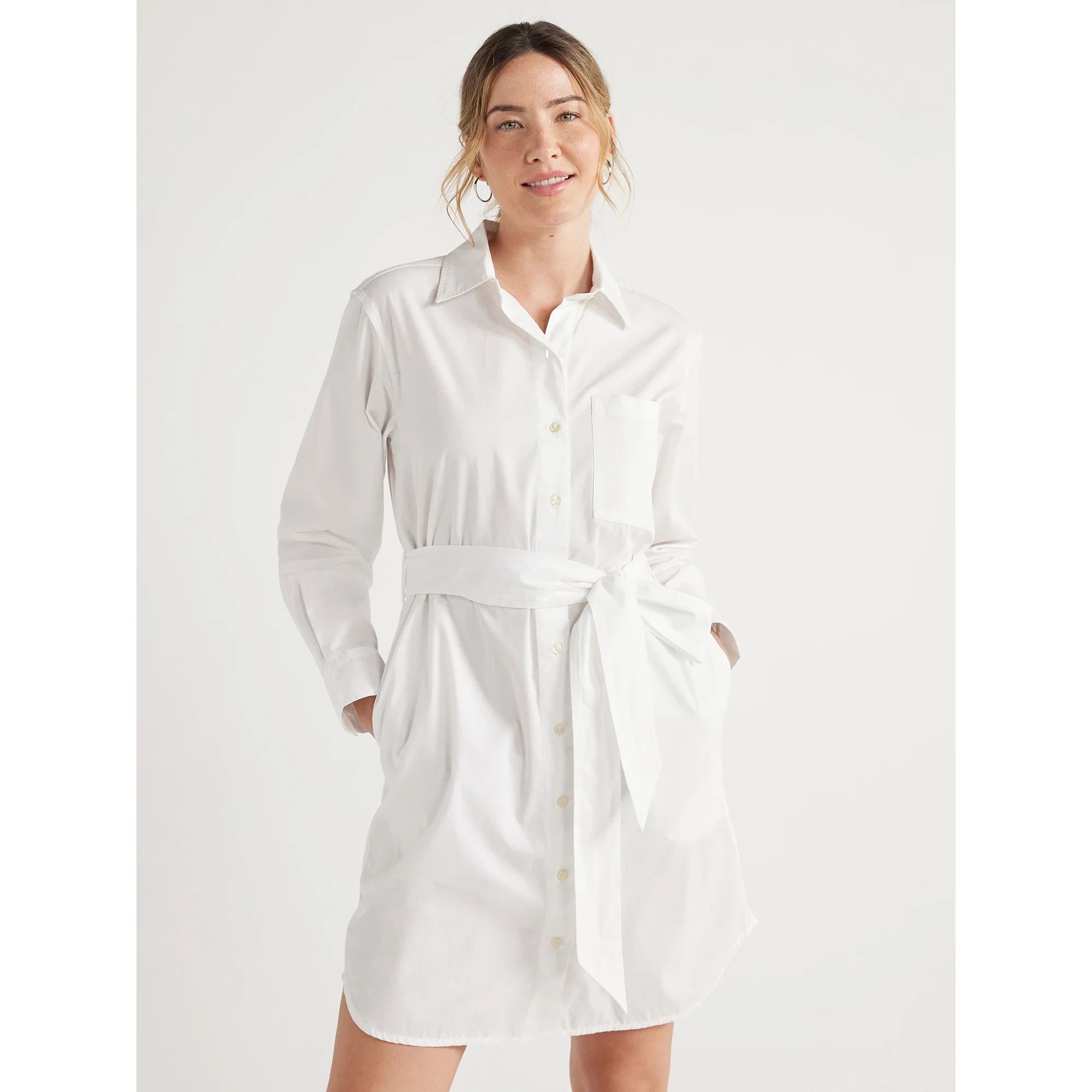 Free Assembly Women’s Cotton Belted Shirtdress with Long Sleeves, Sizes XS-XXL - Walmart.com | Walmart (US)