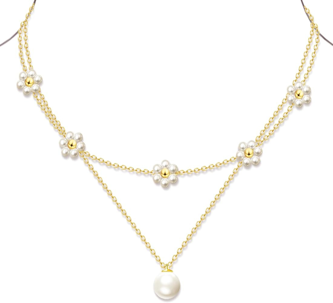 OGD Gold Pearl Necklaces Set for Women 14K Gold Plated Dainty Layered Pearl Cute Daisy Pearl Chok... | Amazon (US)