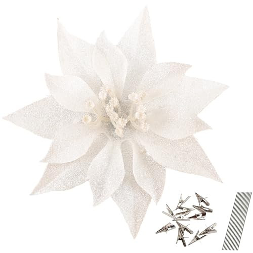 YOSICHY 12 Pcs Artificial Christmas Flowers White Christmas Ornaments for Tree Decoration with Clips Stems Fake Poinsettias Flowers for Xmas Holiday Wedding Party Wreath DIY | Amazon (US)