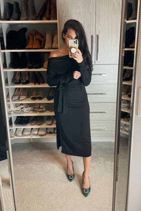 Black midi dress and green jewel heels / perfect for date night outfit or holiday party 

#LTKworkwear #LTKunder100 #LTKHoliday