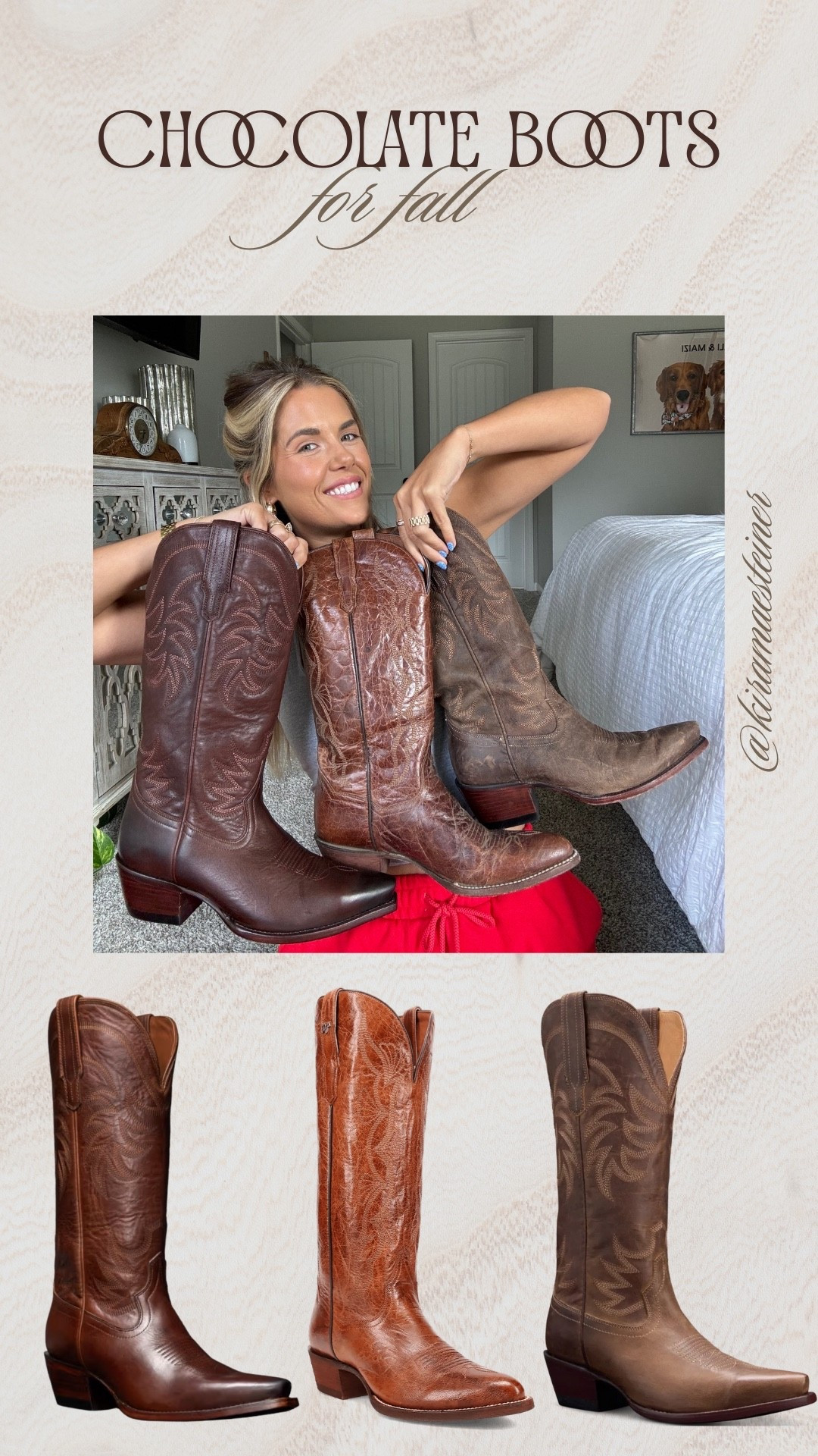 size down half size in annie’s. DP runs true to size. code kira15 for dan post and code kira10 for tecovas (only on first time purchases for tecovas)
chocolate brown cowboy boots 

#LTKStyleTip #LTKShoeCrush #LTKSeasonal