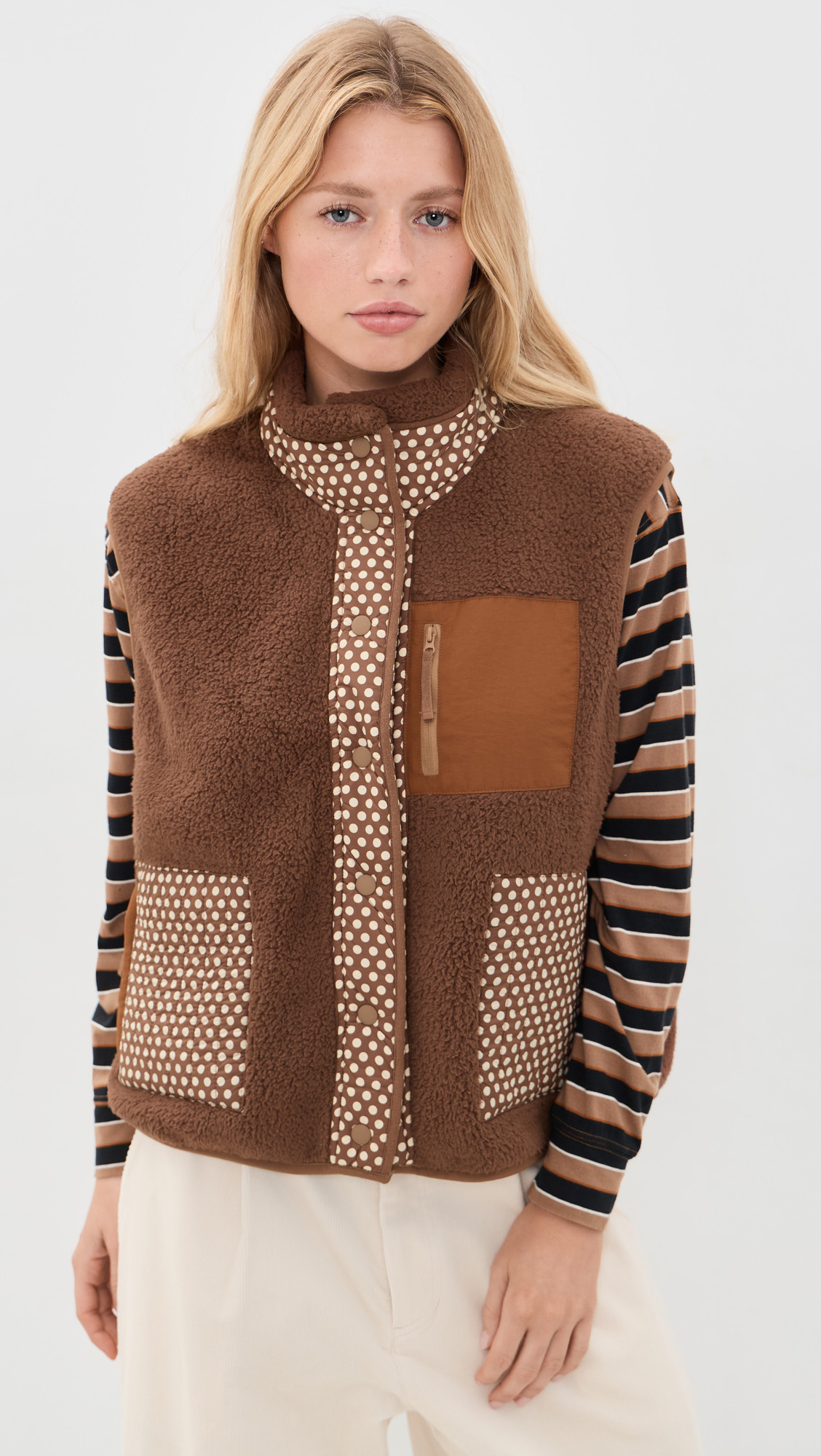 THE GREAT. Outdoors The Plush Crosswind Vest Hickory w/ Chocolate Dot M | Shopbop