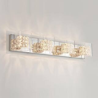 Crystal Cube 31 in. 4-Light Chrome Modern Bath Vanity Light Bar with Glass Shade for Bathroom | The Home Depot
