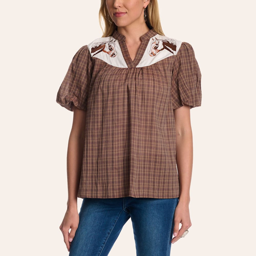 Grace In LA Women's Brown Plaid Print Horse Embroidered Puff Sleeve Top | Cavender's