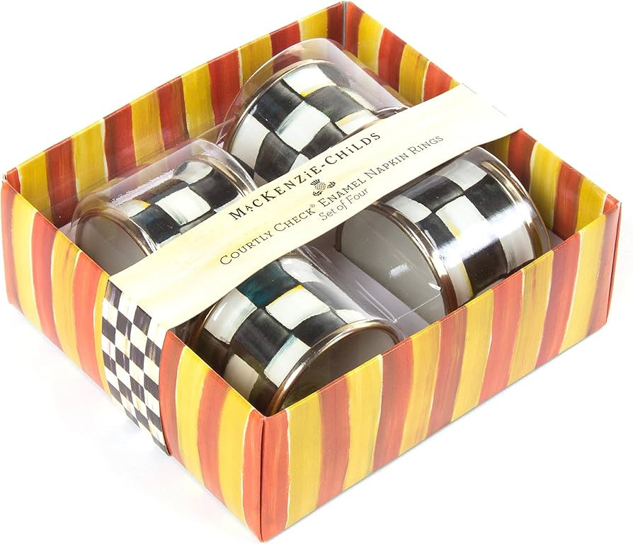 MACKENZIE-CHILDS Courtly Check Enamel Napkin-Ring Set, Black-and-White Napkin-Holder Ring for Clo... | Amazon (US)