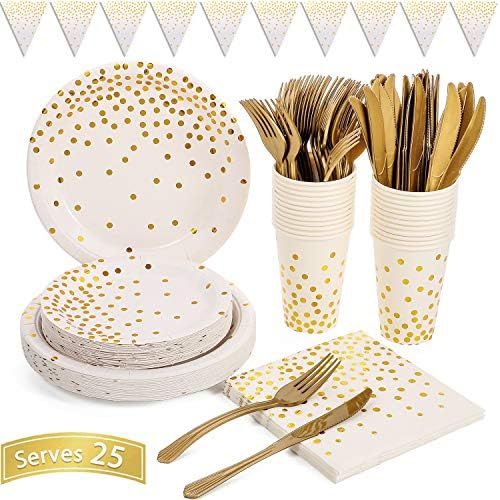 White and Gold Party Supplies 150PCS Golden Dot Disposable Party Dinnerware Includes Paper Plates, N | Amazon (US)