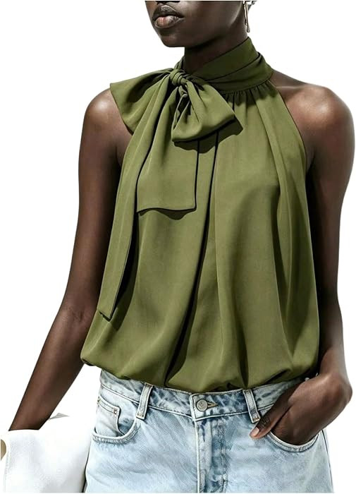 SweatyRocks Women's Flowy Top Bow Tie Neck Halter Elegant Sleeveless Blouse | Amazon (US)