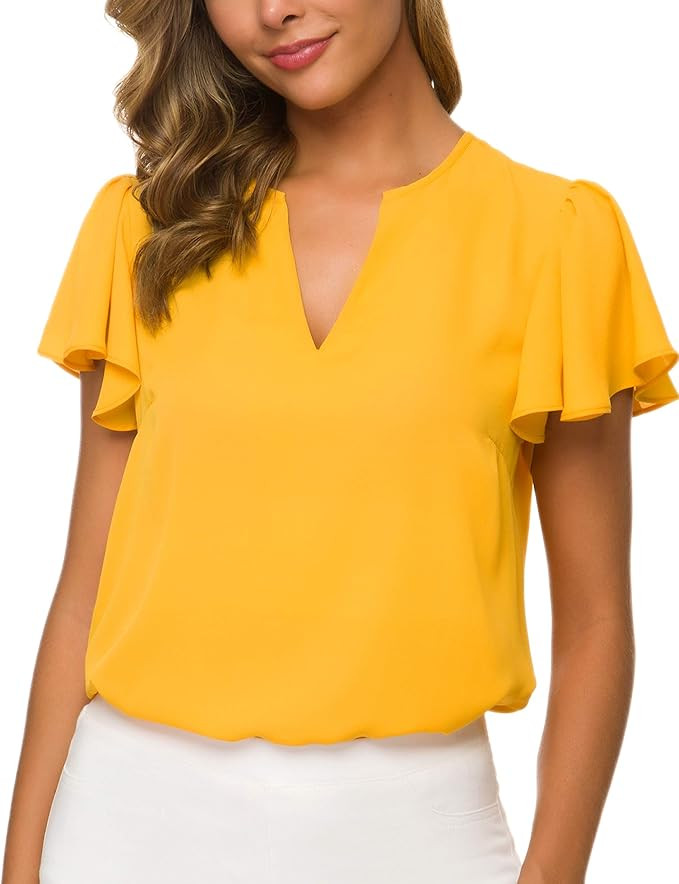 ACONIYA Women’s Casual Ruffled V Neck Chiffon Summer Blouse Short/Long Sleeve Office Work Elega... | Amazon (US)