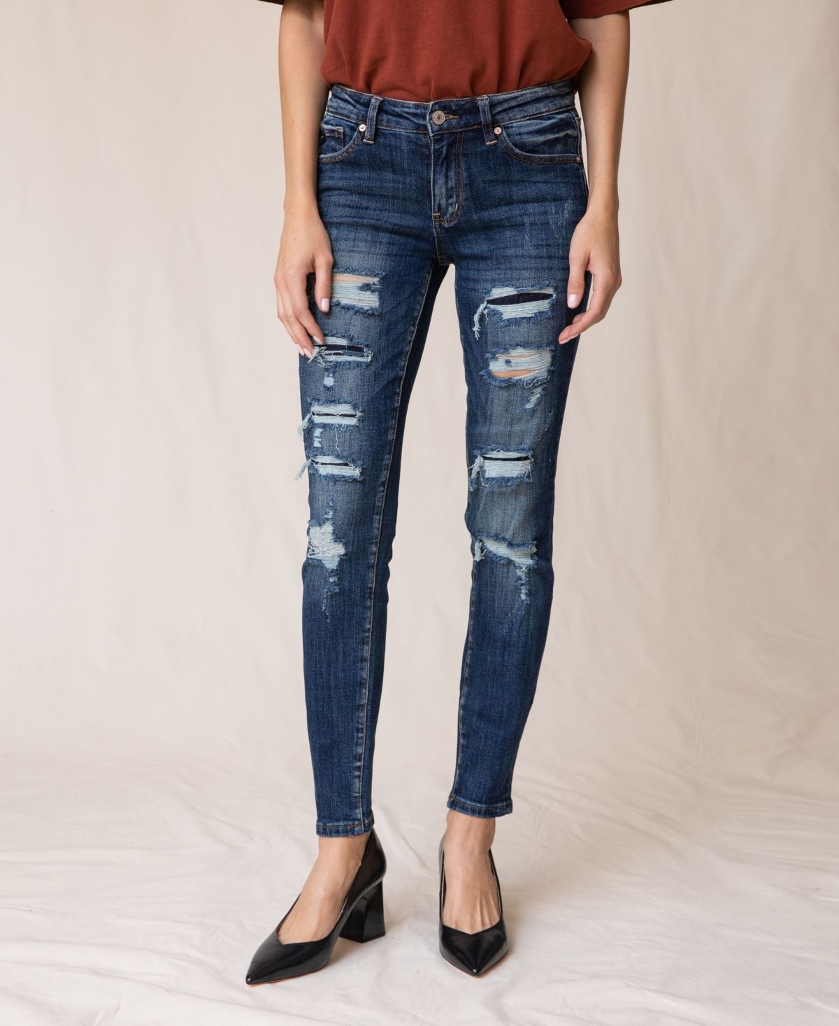 Kancan Mid Rise Super Skinny Distress Patch Jeans | Macys (US)