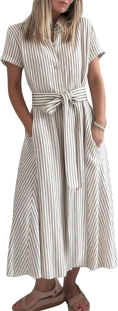chouyatou Women's Summer Short Sleeve Striped Maxi Long Shirt Dress Boho Business Casual Cotton D... | Amazon (US)