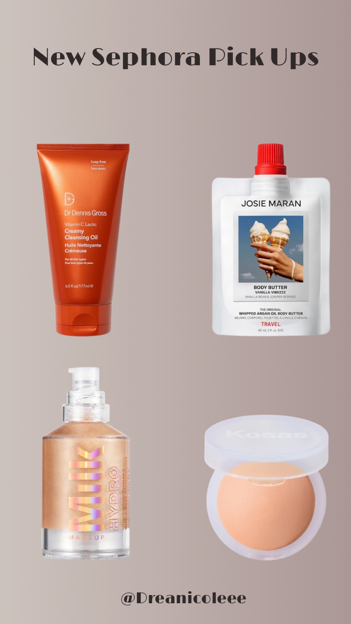 New Sephora pick ups that I'm obsessed with! I love this Dr. Dennis Gross creamy cleansing oil for washing my makeup off, I use this first then my regular face wash after. I finally got this Josie Maran body butter in the Vanilla scent and it's so good. I like to put the mini one in my purse and use it as a hand cream. I really like this Milk Hydrogrip glow primer as well, I'm a huge fan of the original hydrogrip so this was an automatic buy for me. I think it makes my skin look very glowy. And this Kosas setting powder in the color peachy is one of my new faves as well. It's perfect for those light makeup days especially on brown skin.

#LTKBeauty #LTKFindsUnder100