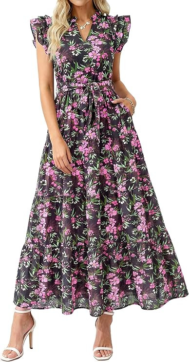 dowerme Women Summer Maxi Dresses 2026 Ruffle Sleeve V Neck Floral Boho Long Dress Belted Tiered ... | Amazon (US)