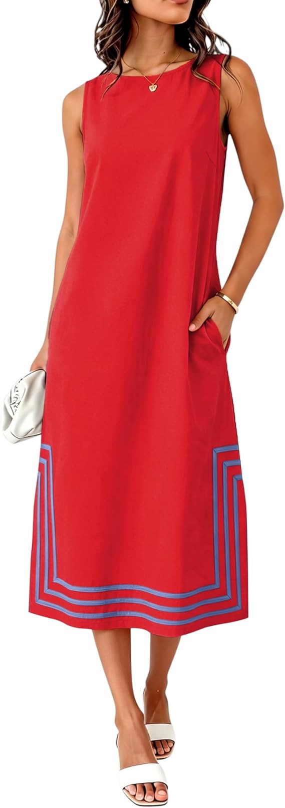 Womens Boho Linen Maxi Dress Sleeveless Split Sundress Color Block A-Line Coverups Beach Vacation... | Amazon (US)