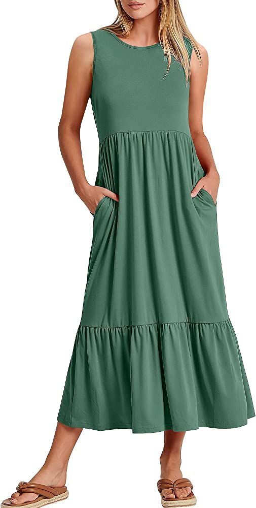 ANRABESS Women's Summer Casual Sleeveless Crewneck Swing Sundress Fit & Flare Flowy Tiered Maxi D... | Amazon (US)