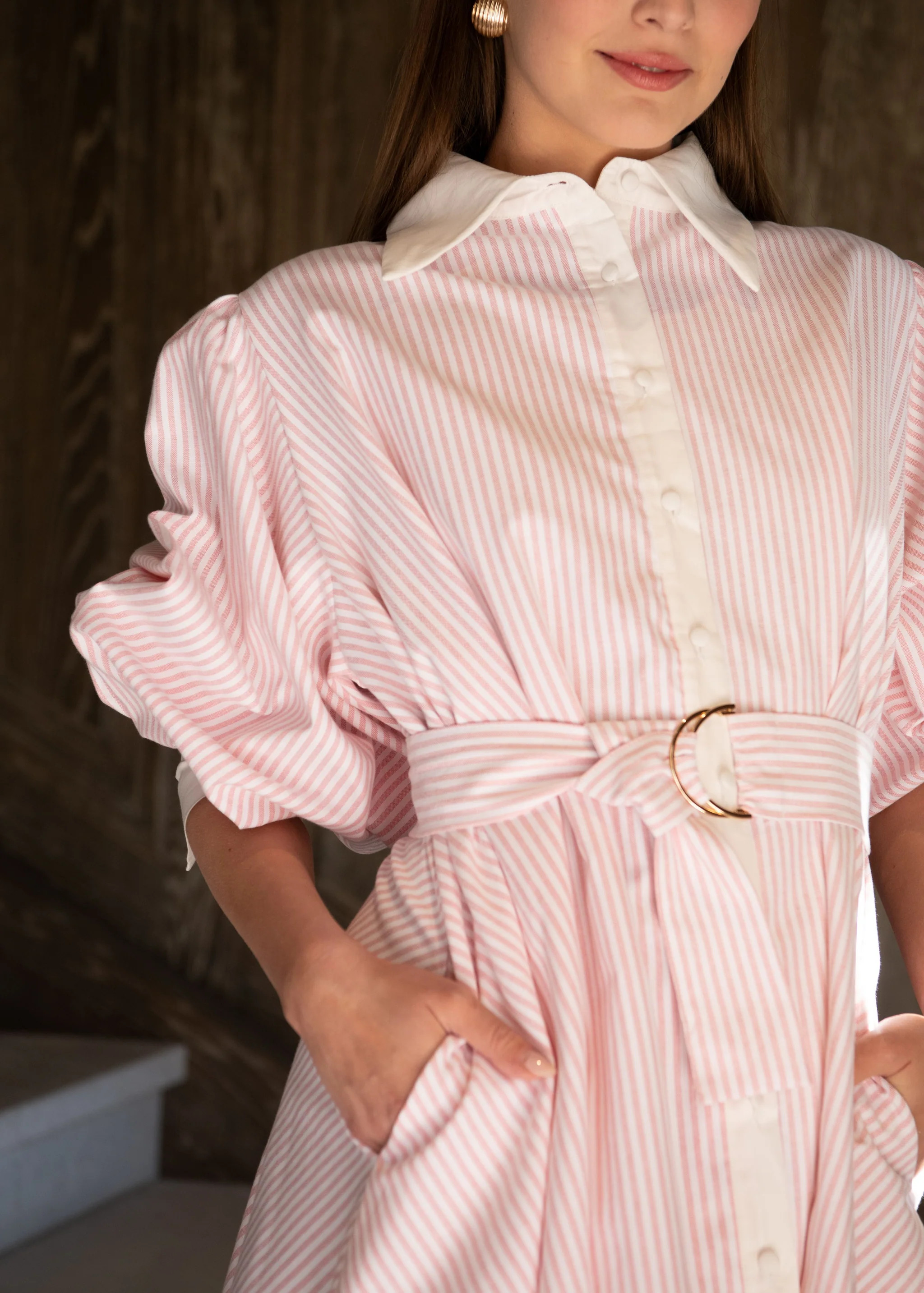 Sherry Striped Button Up Belted Long Sleeve Mini Dress - Pink | Benaar La