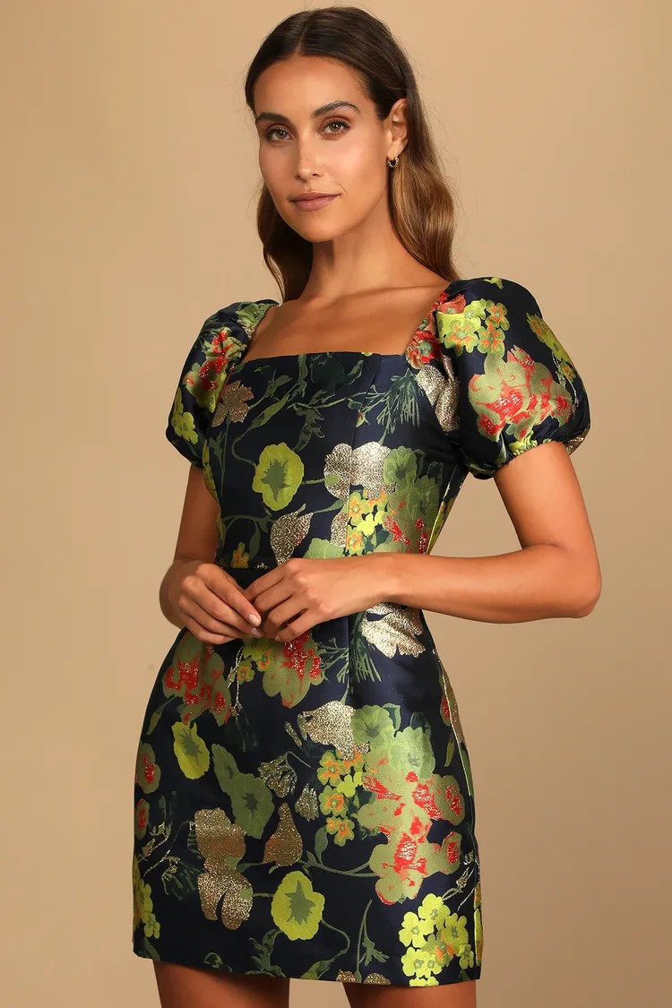 So Stunning Navy Blue Floral Jacquard Puff Sleeve Mini Dress | Lulus (US)