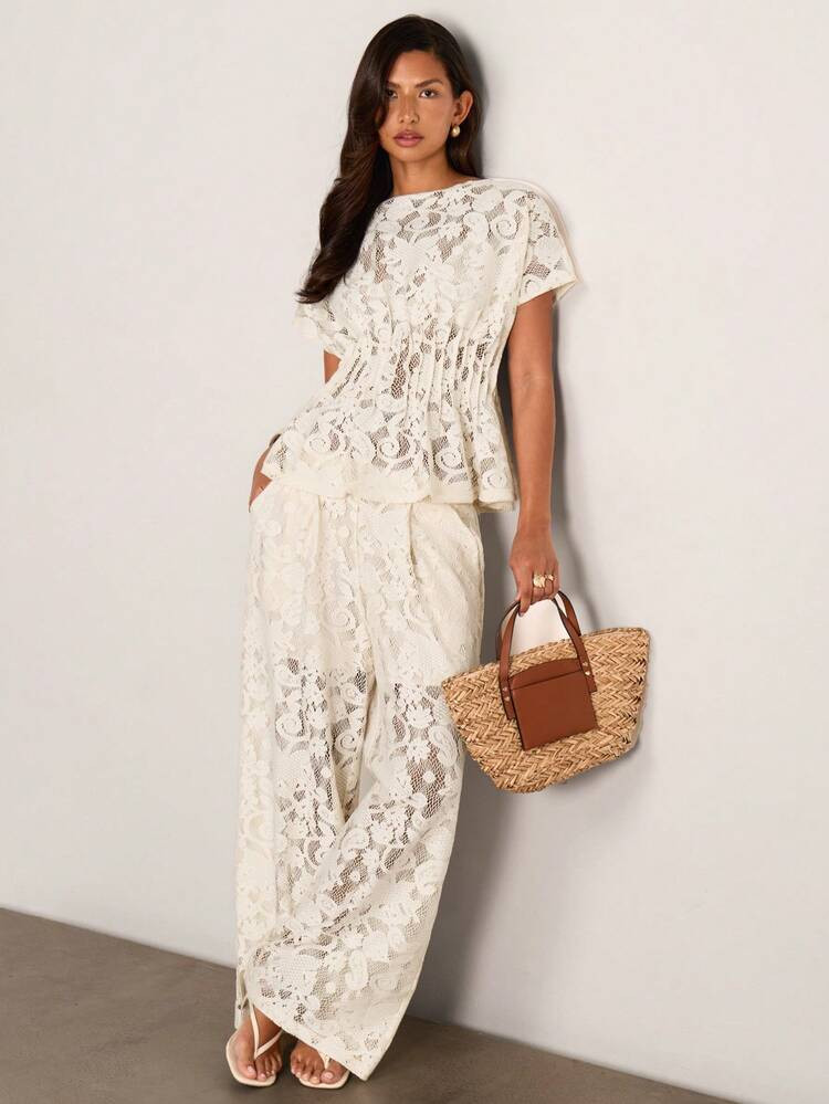 COSMINA Women's Elegant Off-White Floral Embroidered Lace 2 Pieces Set,Summer Holiday Deep V-Neck... | SHEIN
