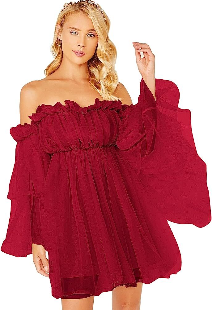 Romwe Women's Romantic Off Shoulder Flounce Long Sleeve Wedding Ruffle Mesh Party Mini Dress | Amazon (US)