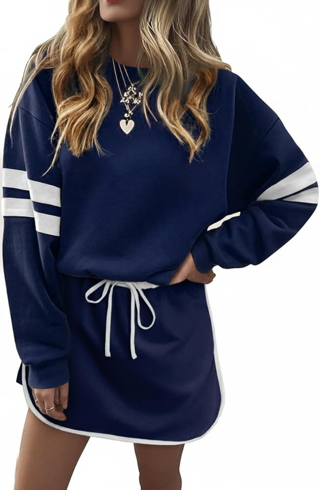 Womens 2 Piece Sets Casual Stripes Drop Shoulder Long Sleeve Tops and Matching Drawstring Skort L... | Amazon (US)