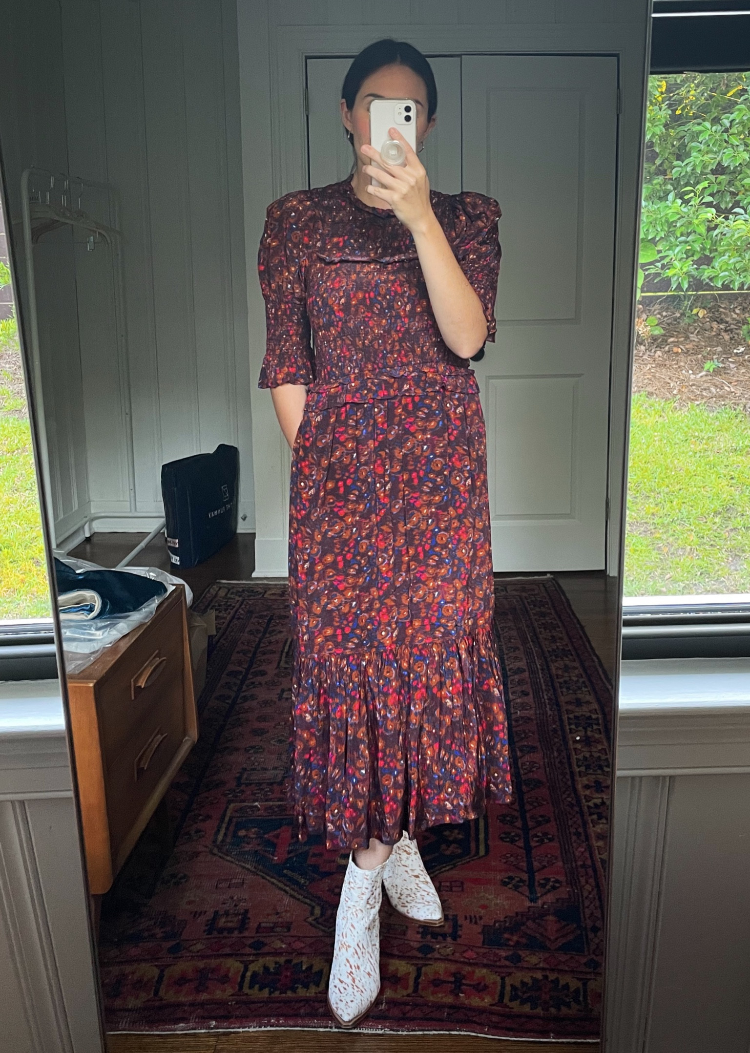 Fall outfit - fall dress -floral midi dress - smocked dress - booties - fall look - outfit inspiration - Nordstrom - Shopbop - sale booties - cowhide 

#LTKSeasonal #LTKunder100 #LTKshoecrush