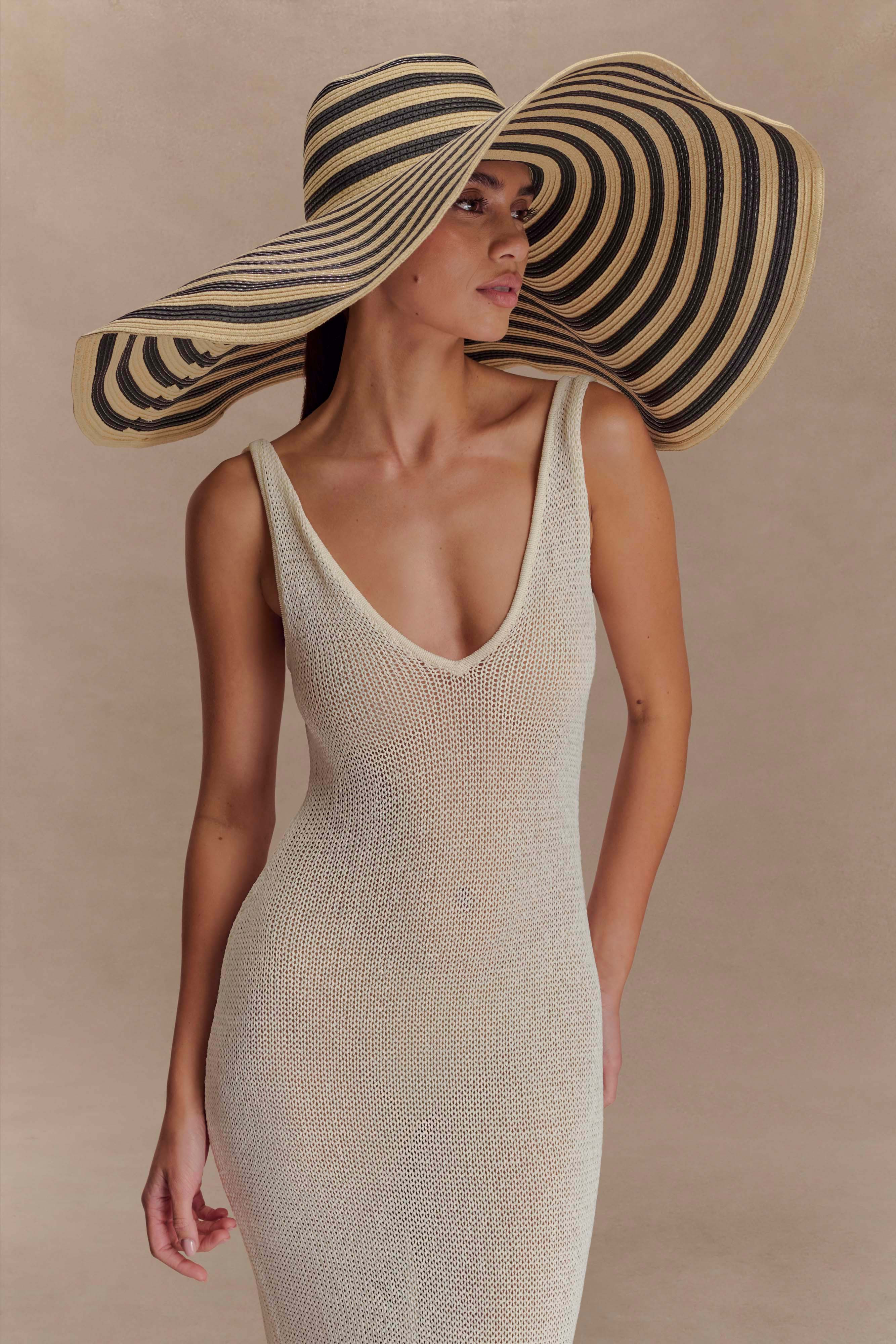 Cecil Straw Maxi Hat - Black And Neutral Stripe | MESHKI US