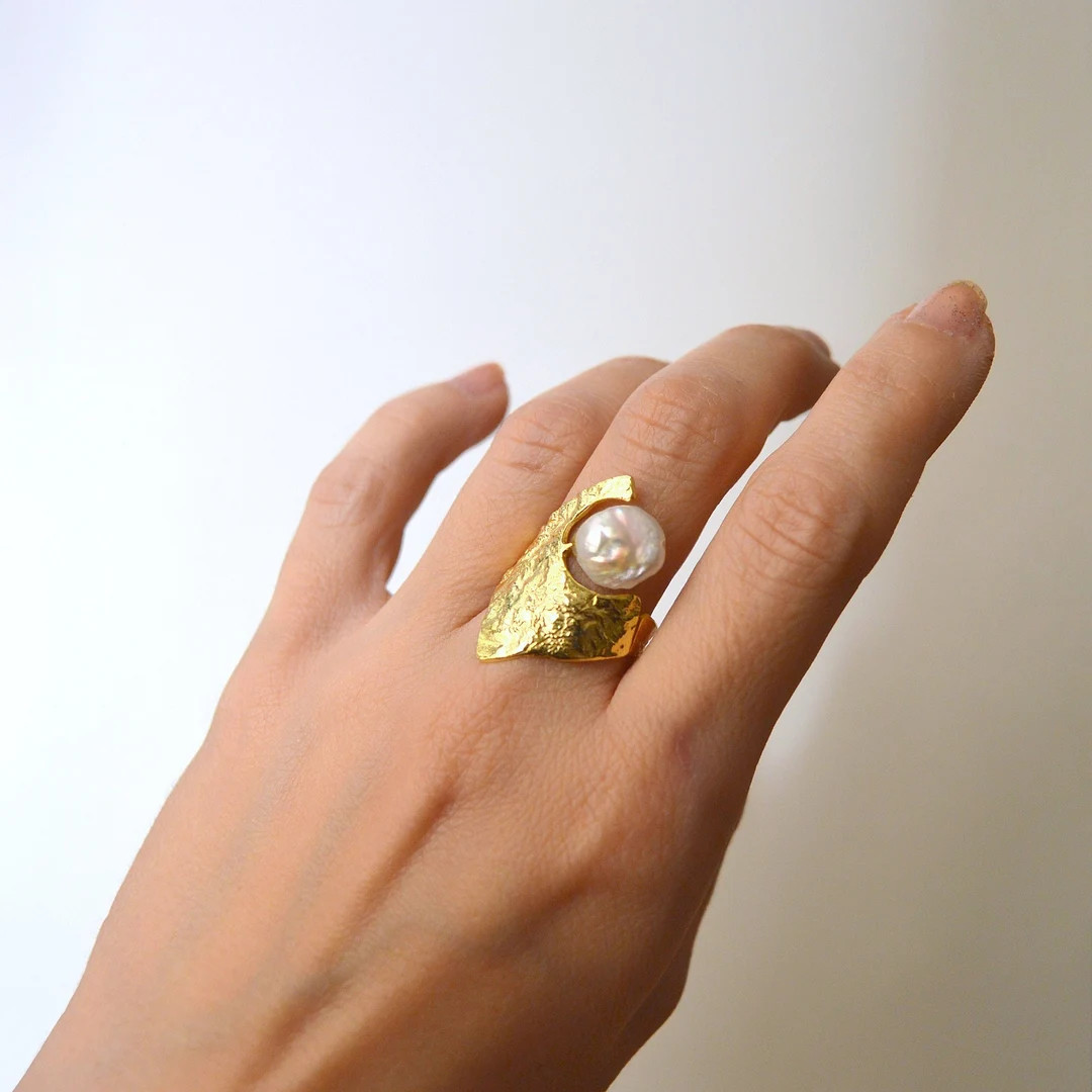 Textured gold pearl ring, Baroque pearl adjustable ring, Textured gold plated pearl ring, Freshwa... | Etsy (US)