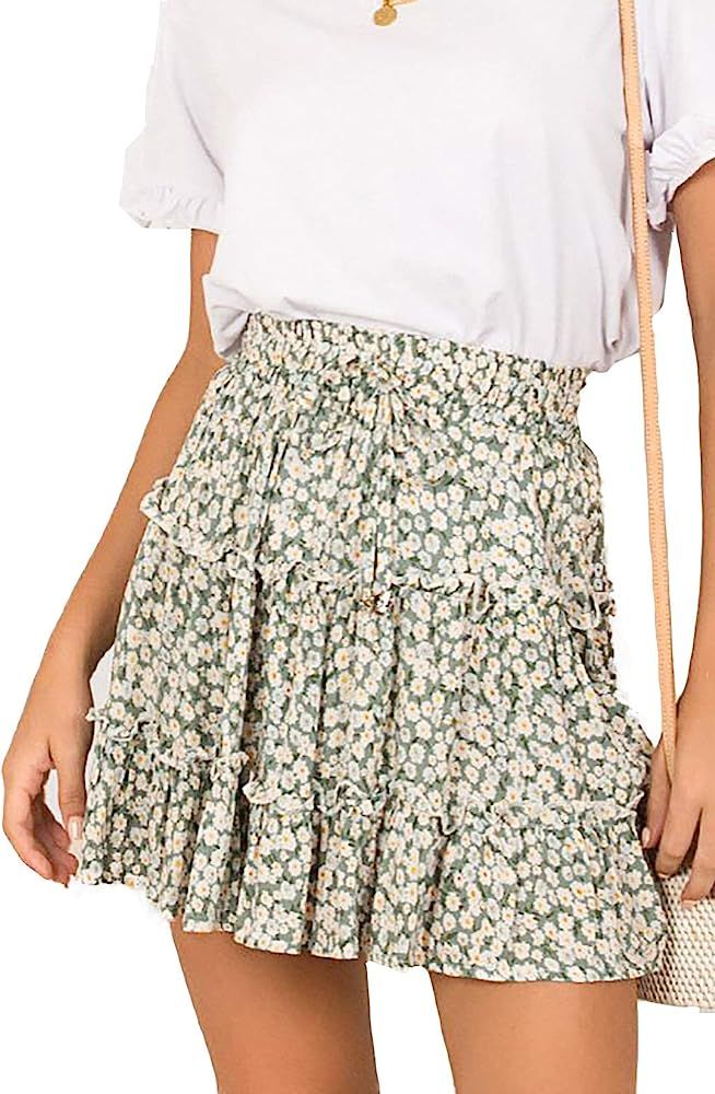 Women's Summer Cute High Waist Ruffle Skirt Floral Print Swing Beach Mini Skirt | Amazon (US)