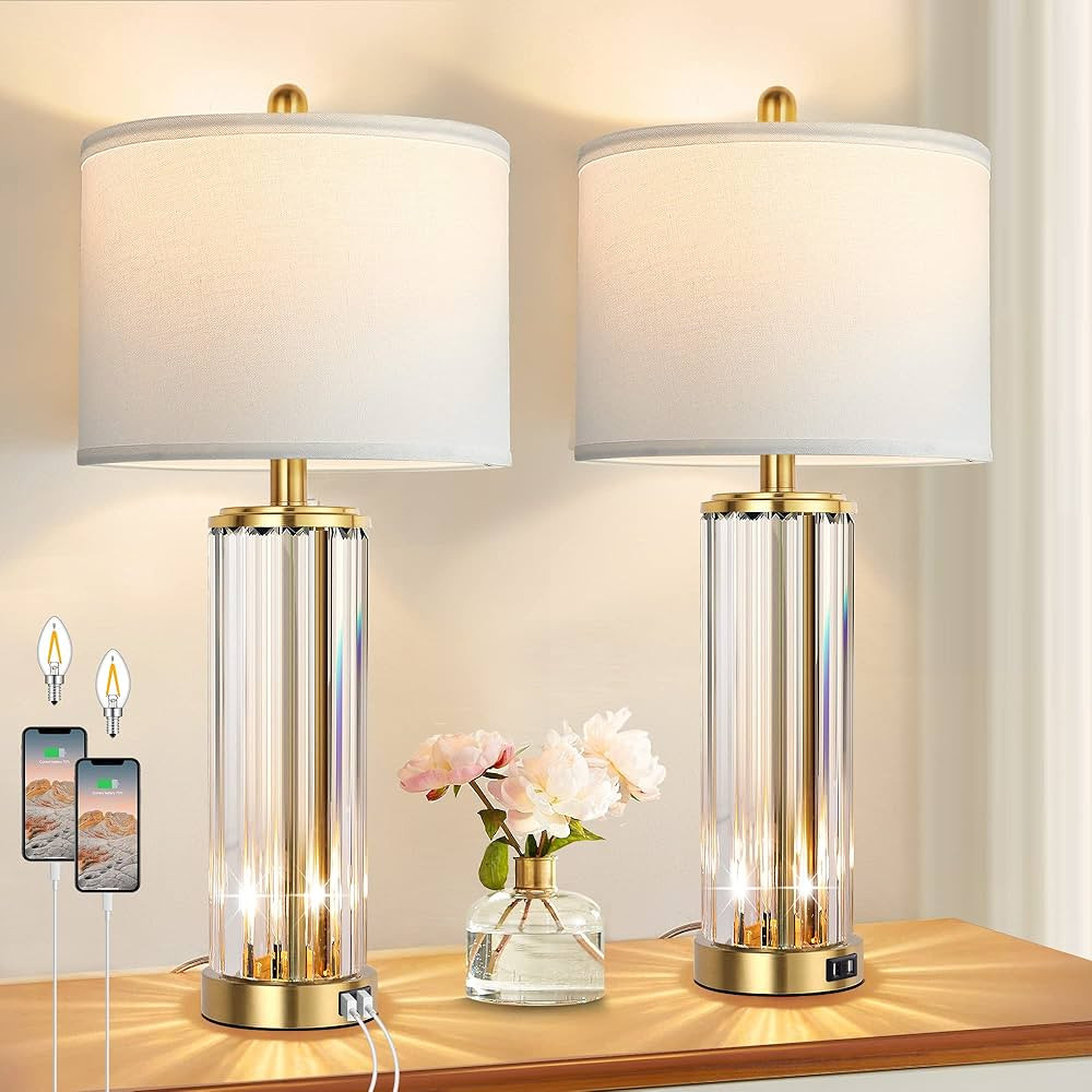 QiMH Gold Table Lamps for Bedroom Set of 2 with Nightlight, Modern Bedside Lamp with 2 USB Chargi... | Amazon (US)