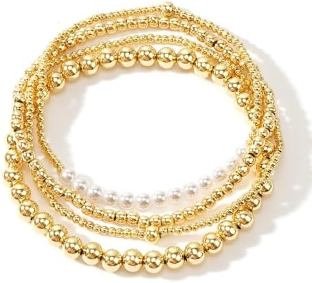 Gold Plated Beaded Pearl Bracelet Stack for Women,Dainty Stretch Gold Non Tarnish Stackable Brace... | Amazon (US)