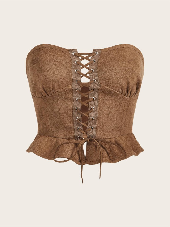 SHEIN ICON Western Cowgirl Lace Up Front Ruffle Hem Suedette Tube Top | SHEIN