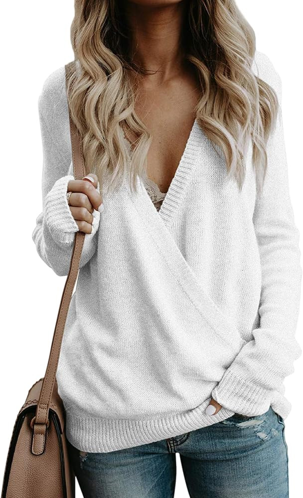 softome Womens Casual Long Sleeve Wrap Fall Sweaters Tops V Neck Solid Color Oversized Pullover L... | Amazon (US)