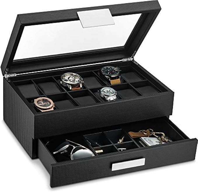 Glenor Co Watch Box with Valet Drawer for Men - 12 Slot Luxury Watch Case Display Organizer, Carbon  | Amazon (US)