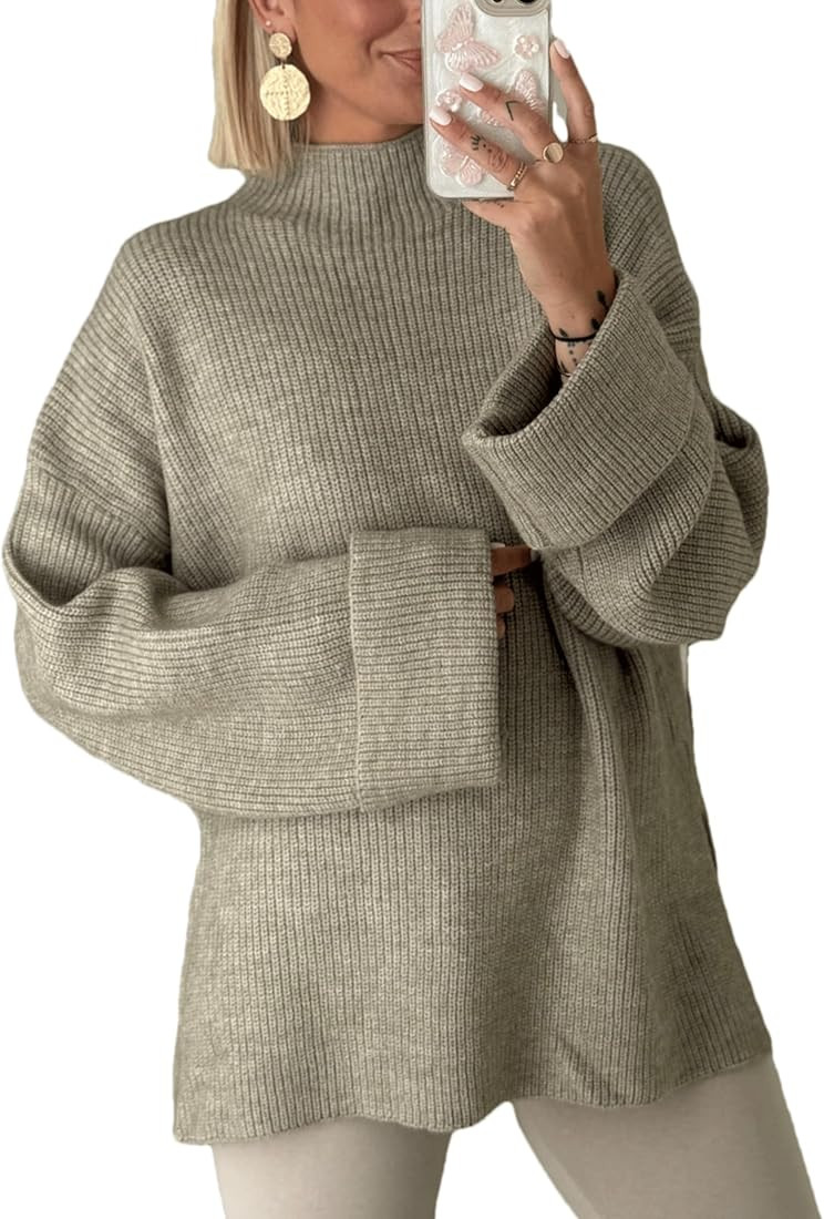 Oversized Women’s Knit Sweater - Cozy Ribbed Turtleneck Pullover with Side Slits | Amazon (US)