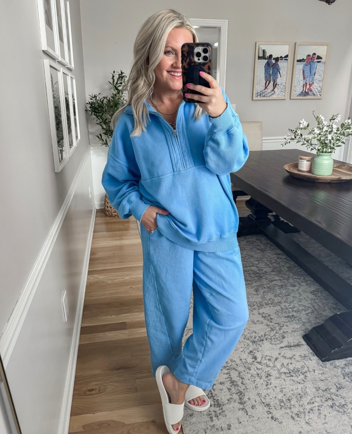 This set is giving comfy but still cute in the best way. The half zip sweatshirt has that relaxed, slightly oversized fit and the matching pants feel elevated with the subtle texture. Such an easy throw on and go outfit that still looks put together.

matching lounge set half zip sweatshirt comfy outfit set casual everyday outfit travel outfit idea airport outfit comfy chic outfit relaxed fit style mom outfit ideas lovelylifestyling 

#LTKootd #LTKSeasonal #LTKTravel