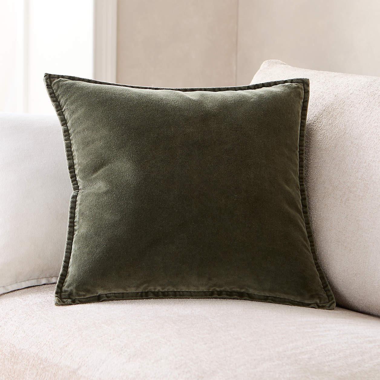 Relaxed Washed Organic Cotton Velvet 20"x20" Burnt Green Throw Pillow with Down-Alternative Inser... | Crate & Barrel