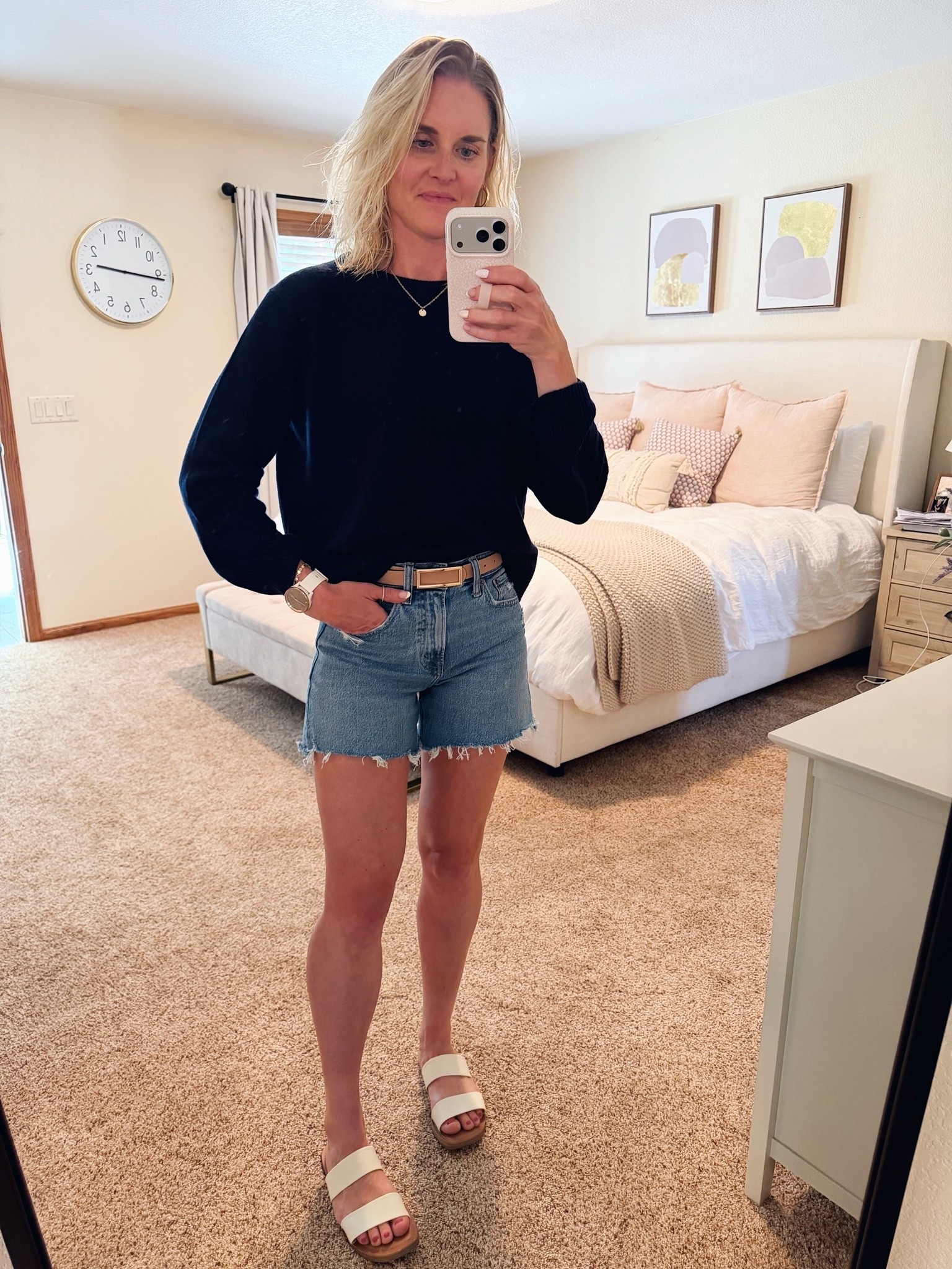 Cashmere sweater (sized up one to a S) + longer length jean shorts (25)