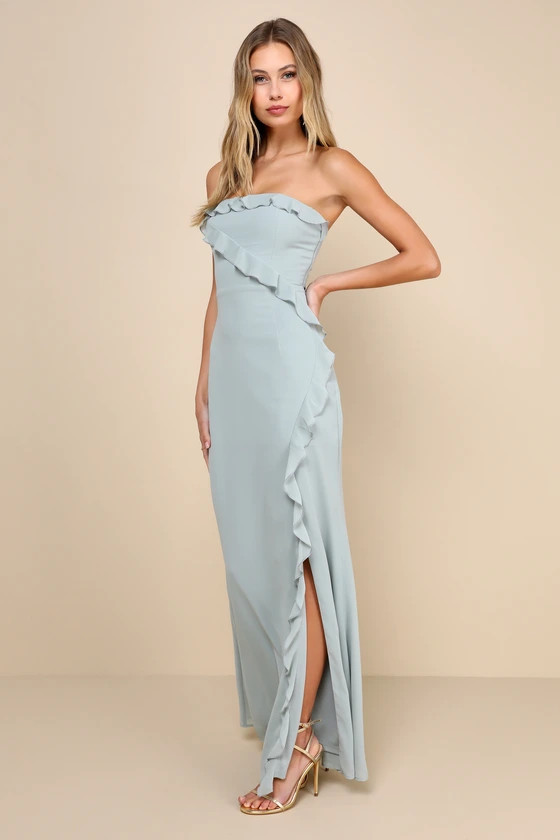 Excellent Sensation Sage Green Strapless Ruffled Maxi Dress | Lulus