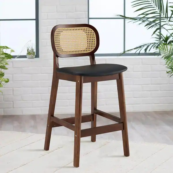 PU/Fabric Upholstered Counter Stools, Wood Barstools with Rattan Back - 17.72"W x 18.7"D x 36.81"... | Bed Bath & Beyond