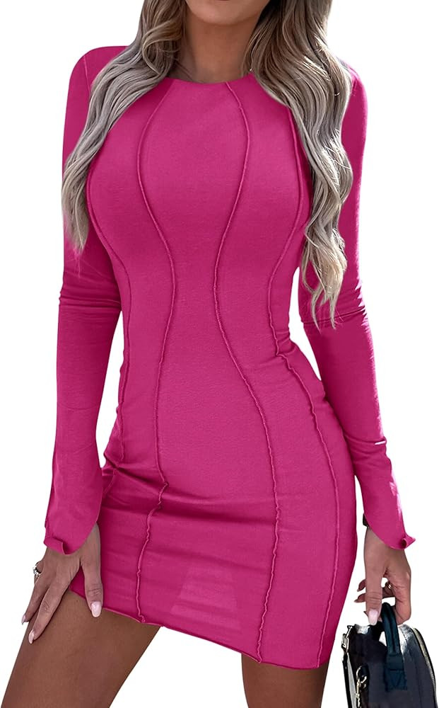 Womens 2023 Fall Bodycon Mini Dresses Casual Long Sleeve Solid Color Short Tight Ladies Party Clu... | Amazon (US)
