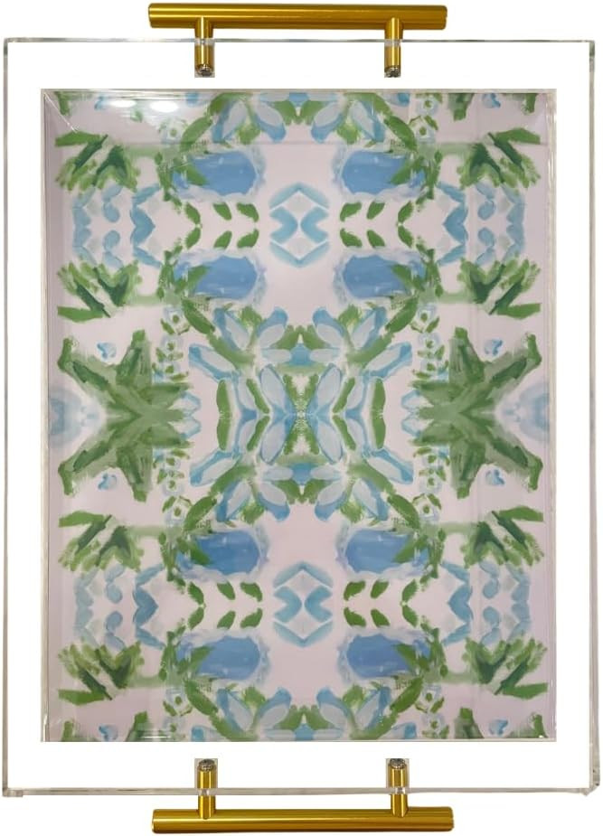 Acrylic Serving Tray with Gold Handles - 11"x14" Decorative Clear Tray, Green and Blue Watercolor... | Amazon (US)