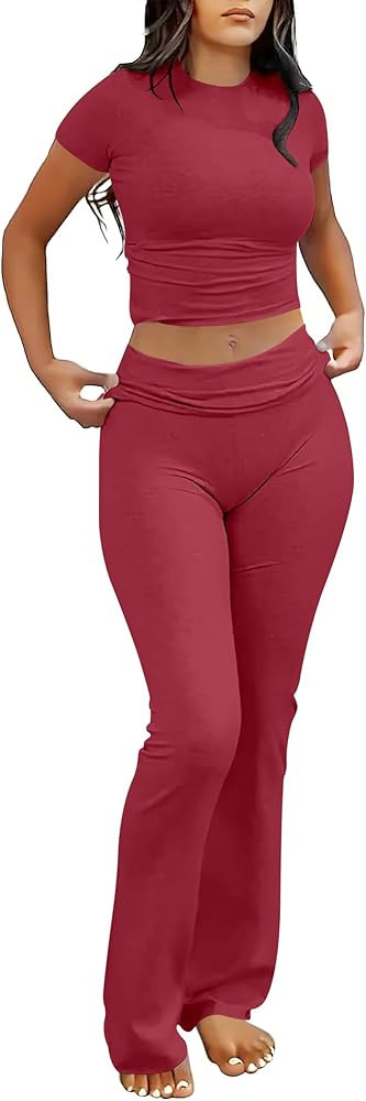 ANRABESS 2 Piece Sets for Women Lounge Loungewear Sets Foldover Yoga Flare Leggings Pants and Cro... | Amazon (CA)