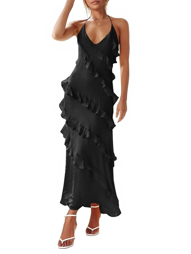 Wenrine Womens Sexy Chiffon Halter Maxi Dress Sleeveless Backless Ruffle Tassel Party Club Dresse... | Amazon (US)