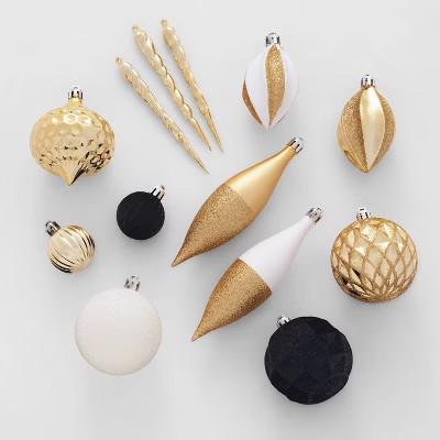 40pc Shatter-Resistant Plastic Christmas Tree Ornament Set Black/White/Gold - Wondershop™ | Target