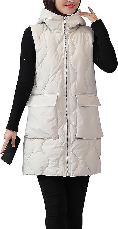HangNiFang Winter Long Puffer Vest for Women Zip Up Hoodie Quilted Vest Jacket | Amazon (US)