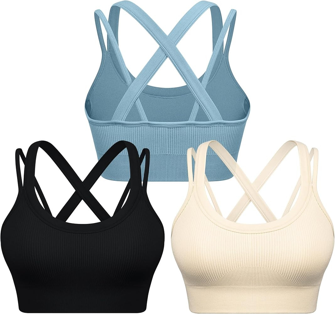 WANAYOU Cross Back Sports Bra Padded Strappy Criss Cross Workout Bras Ribbed Seamless Medium Supp... | Amazon (US)