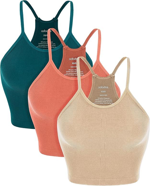 ODODOS Women's Crop 3-Pack Washed Seamless Rib-Knit Camisole Crop Tank Tops | Amazon (US)