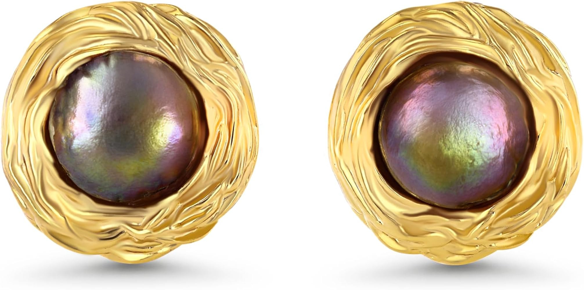 Gold Medium Dark Mother of Pearl Stud Statement Button Round Earrings for Women by SNGIA, Simple ... | Amazon (US)