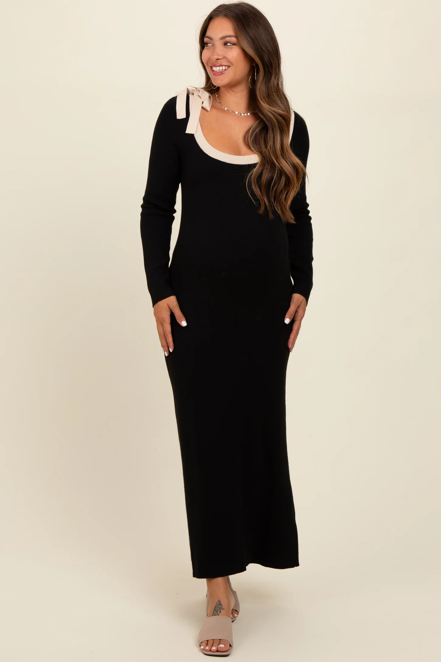 Black Shoulder Bow Detail Maternity Maxi Sweater Dress | PinkBlush Maternity