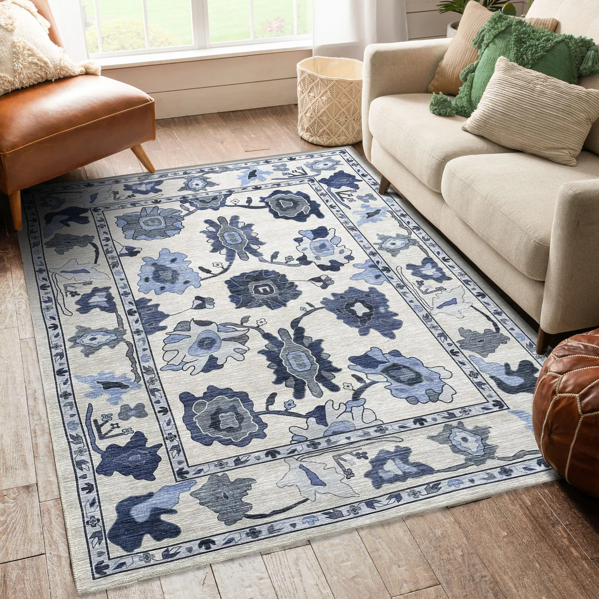 Ellis Navy Blue White Modern Floral Oushak Rug | Fame Rugs