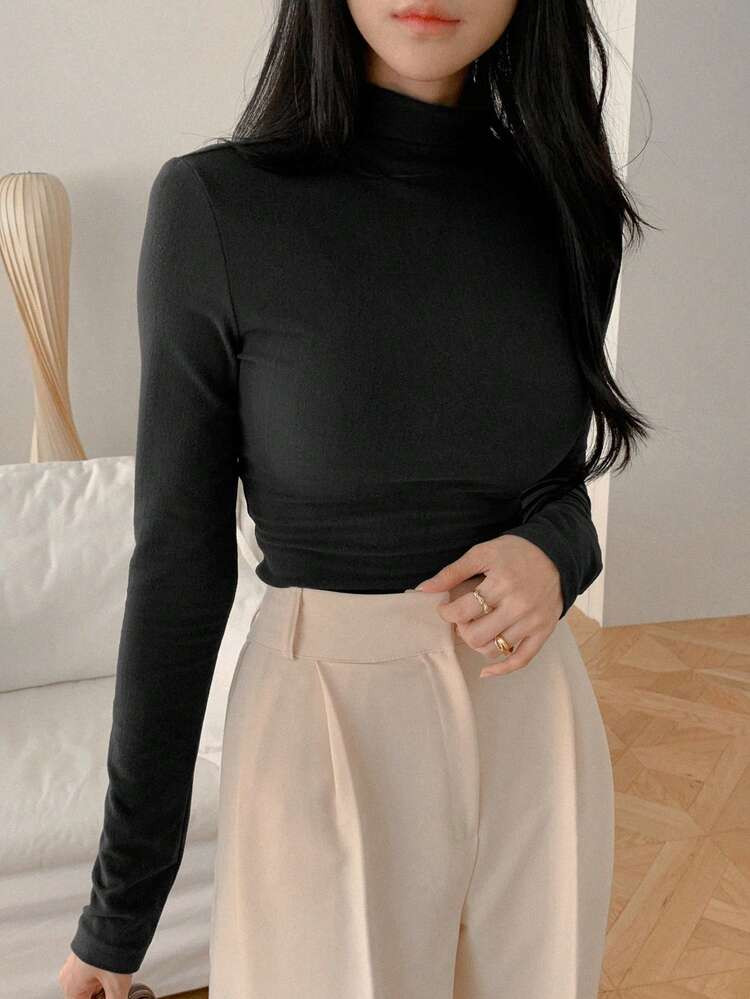 DAZY Women's Slim Fit High Neck T-Shirt Long Sleeve Women Tops,Fall Women Clothes | SHEIN